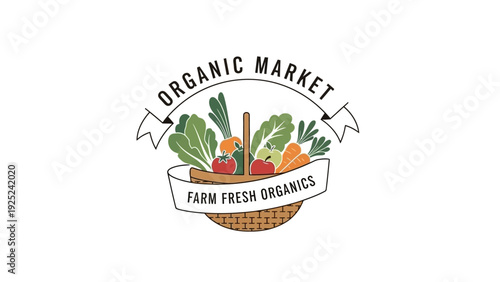 Organic Market Basket with Farm Fresh Fruits and Vegetables Logo