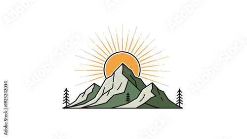 Stylized mountain range with sunrise and pine trees