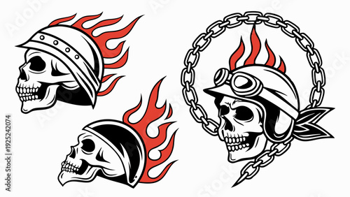 Biker Skull Helmets With Fire Flames And Chain Vector Tattoo Design For Apparel Printing And Rock Club Posters
