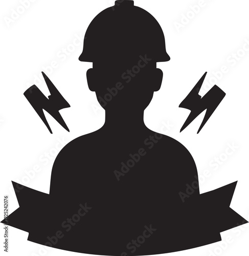 Electrician silhouette vector graphic: electrical worker with hard hat and lightning bolts eps