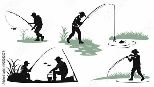 Silhouette Set of Anglers Fishing on River Bank for Outdoor Recreation Web Design and Summer Vacation Promotion