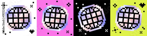 Holographic pixel globe icons on white, pink, black, green. Retro Y2K cyber aesthetic world symbol. Iridescent web icon for internet, global network, technology, digital stickers. Vector illustration