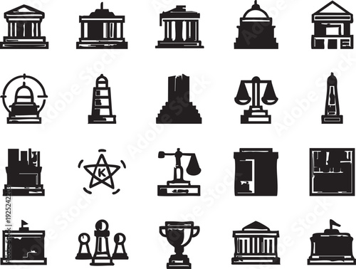 Vector icons set: buildings, law, chess, trophy, and more - black and white graphics eps silhouette