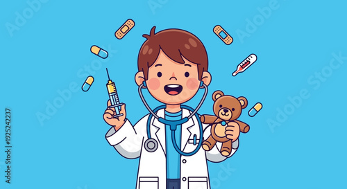 Joyful child dressed as doctor with teddy bear and syringe, surrounded by medical supplies