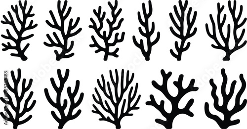 Coral silhouettes set, sea coral shapes, underwater reef plants, marine nature elements, black organic illustration