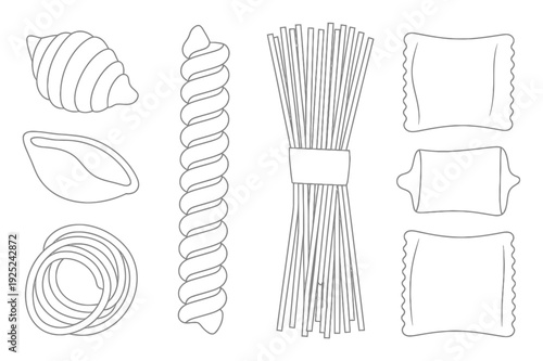 A Collection of Various Pasta Shapes and Styles in Outline