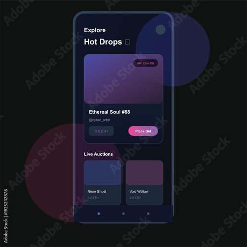"A sleek, dark-themed mobile interface utilizing modern glass morphis and vibrant neon accents in shades of purple and blue. The visual mood is sophisticated, futuristic, and high-tech, evoking a sens