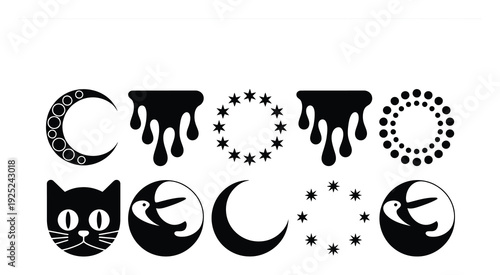 Collection of Black and White Celestial and Animal Icons: Moons, Stars, Drips, and Cat