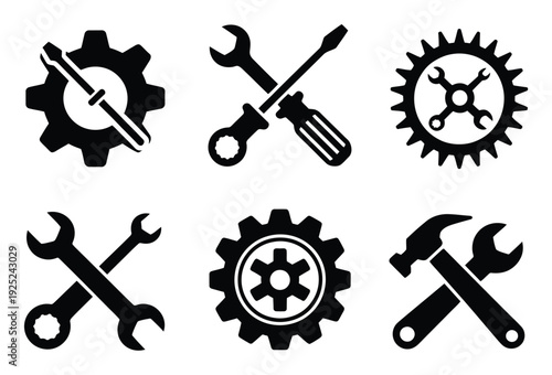 Collection of Black and White Icons Representing Tools and Mechanics