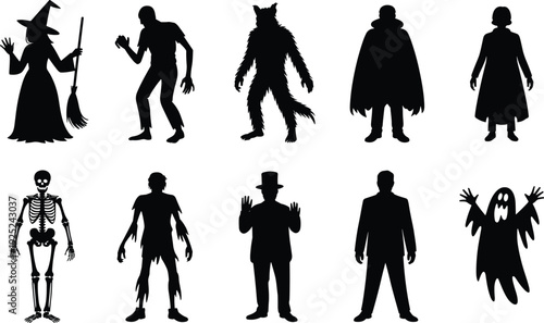 Halloween character silhouettes set, spooky costume figures, horror monsters, black spooky icons, ghost witch vampire illustration