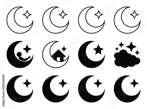 Collection of Crescent Moon and Star Icons for Night and Celestial Themes