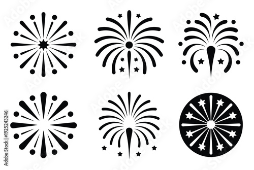 Collection of Six Stylized Firework Icons in Black and White