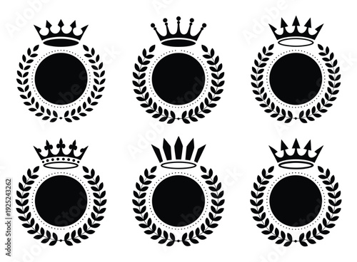 Collection of Six Black and White Laurel Wreath and Crown Emblems