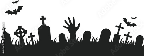 Halloween graveyard silhouette scene, spooky cemetery with tombstones bats zombie hand, horror night background illustration isolated