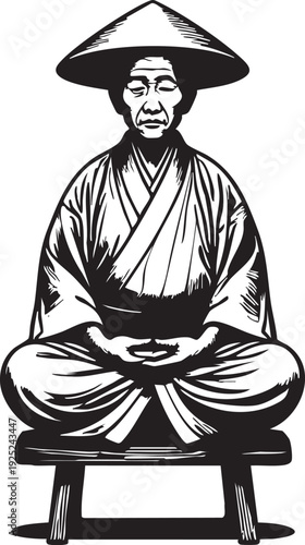 Zen meditation vector art: monk in lotus position with asian hat eps silhouette