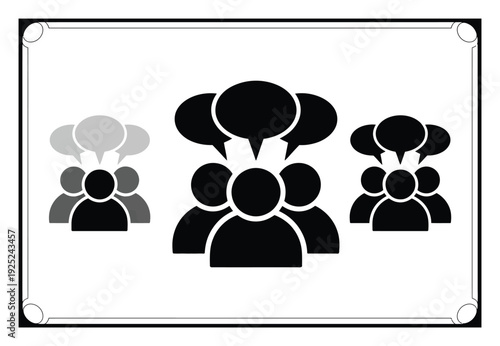 Group of people icons with speech bubbles, representing communication and discussion