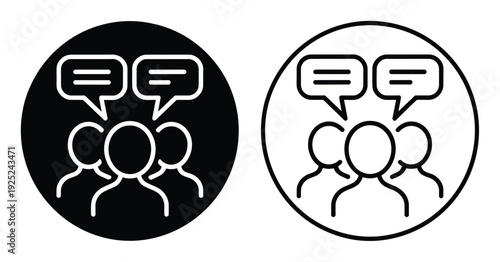 Icon of a group of people in conversation, with speech bubbles above their heads