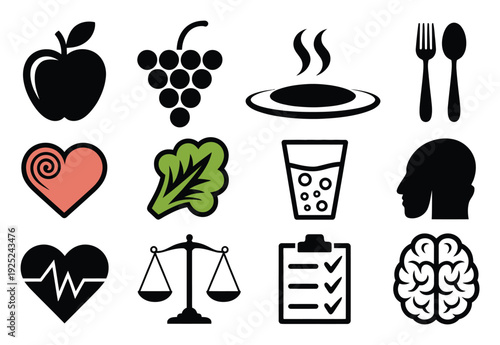 Healthy Lifestyle Icons: Food, Fitness, and Well-being