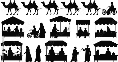 Arabian desert caravan and traditional bazaar silhouettes set, camel transport and market stalls, isolated black vector illustration for Middle Eastern culture design