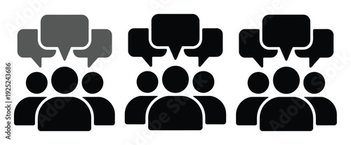 Three groups of people icons with speech bubbles, representing communication and discussion