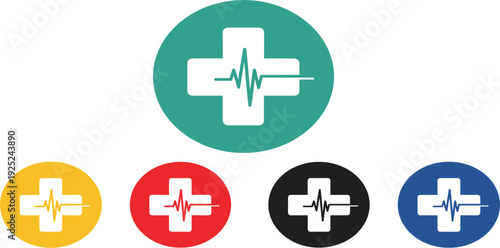 Medical Cross Heartbeat Icon Set with Healthcare Pulse Symbols for Hospital Emergency Clinic Insurance and Health Service Design Projects