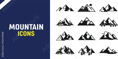 Mountain Icon Collection with Adventure Peak Silhouettes for Hiking Travel Outdoor Exploration Nature Landscape and Logo Design Projects