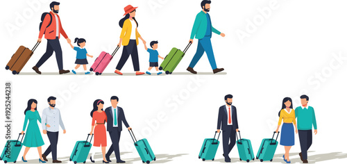 People Traveling with Luggage Vector Set Showing Families and Business Travelers Walking with Suitcases for Vacation Tourism and Airport Journey Design