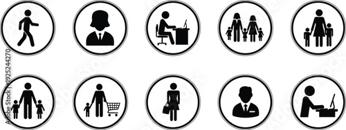 Pedestrian and family icons in circular frames a black silhouette