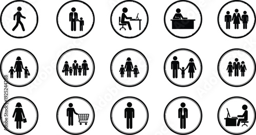 Circular pictogram signs depicting people families and shopping a silhouette
