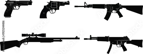 Black silhouettes of a handgun revolver and rifle with scope silhouette