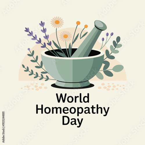 Green mortar and pestle with flowers and leaves on beige background, homeopathy day