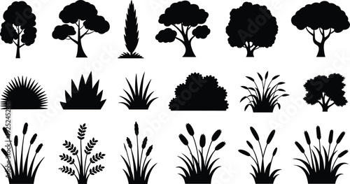 Tree, bush, grass, and reed silhouettes collection with shrubs, foliage, and plant shapes, black nature vector set
