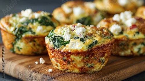 Egg spinach feta bites muffins on wooden board