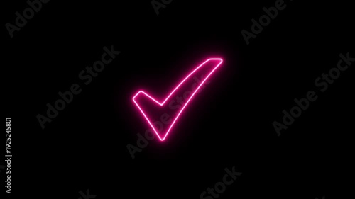 Pink  Check mark icon neon light Black background