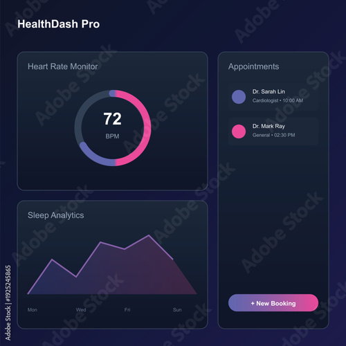 "A sophisticated dark-mode medical dashboard featuring sleek neon pink and purple gradients. The interface displays critical health data including a real-time heart rate monitor, weekly sleep pattern 