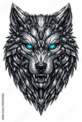 Vector Illustration of Biomechanical Style Tattoo of Wolf Face