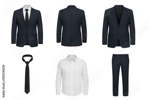 Set of men's navy suit components: jacket front and back, open jacket, black tie, white dress shirt and matching trousers