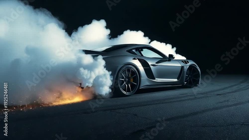 Sports car performing burnout with thick tire smoke and glowing sparks on dark roadway at night