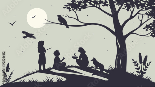 Silhouette Family Storytelling Under Full Moon Night Sky for Childhood Education or Cozy Outdoor Camping Web Design Illustration