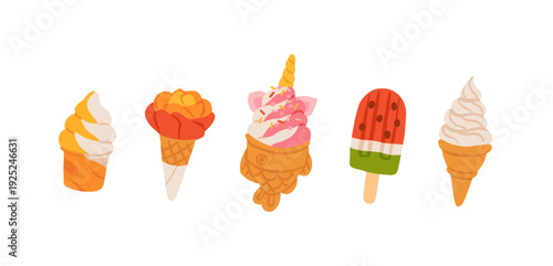 Summer hand drawn Ice Cream Clipart collection. Soft chocolate, vanilla, strawberry gelato, melted scoop in waffle cone on white background. Isolated Hand drawn flat Vector illustration EPS10