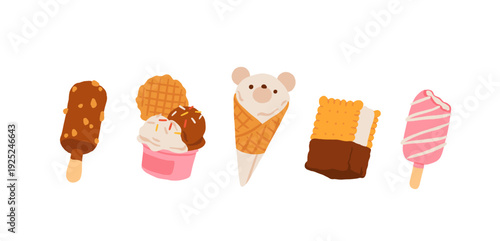 Summer hand drawn Ice Cream Clipart collection. Soft chocolate, vanilla, strawberry gelato, melted scoop in waffle cone on white background. Isolated Hand drawn flat Vector illustration EPS10