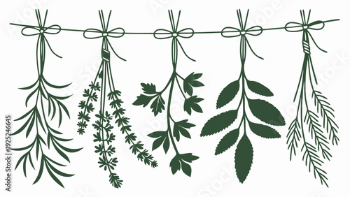 Drying Culinary Herbs Hanging on String for Kitchen Decor Recipe Design Rustic Food Blog Illustration