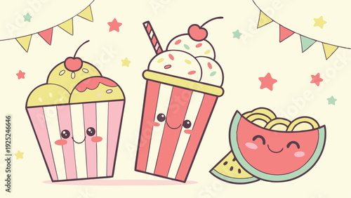 Cute Kawaii Ice Cream Sundae Milkshake and Watermelon for Summer Party Food Design Promotion