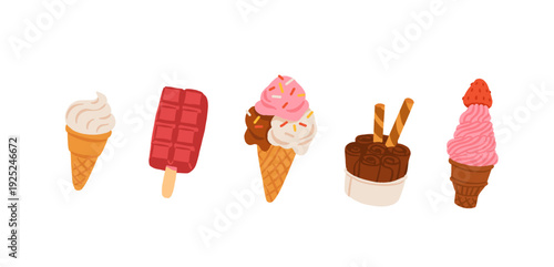 Summer hand drawn Ice Cream Clipart collection. Soft chocolate, vanilla, strawberry gelato, melted scoop in waffle cone on white background. Isolated Hand drawn flat Vector illustration EPS10