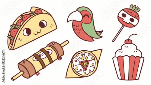 Cute Kawaii Food and Bird Stickers for Fun Packaging Design Sweet Treats Party Graphics