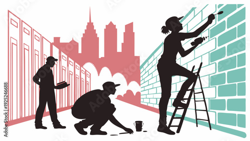 Urban Community Volunteers Painting Brick Wall Revitalizing Cityscape Silhouettes for Neighborhood Improvement Projects