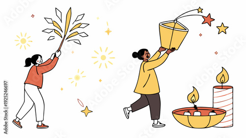Diverse People Celebrating Festival Lighting Sparklers and Releasing Sky Lanterns for Joyful Holiday Web Design