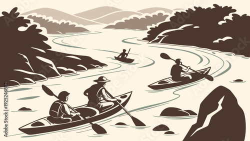 Outdoor Adventure Kayaking Group Paddling Down Winding River Summer Vacation Travel Illustration for Tourism Brochures