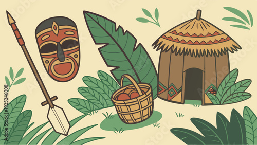 Tribal Village Hut Spear Mask Basket Jungle Safari Travel Adventure Illustration for Tourism Web Design