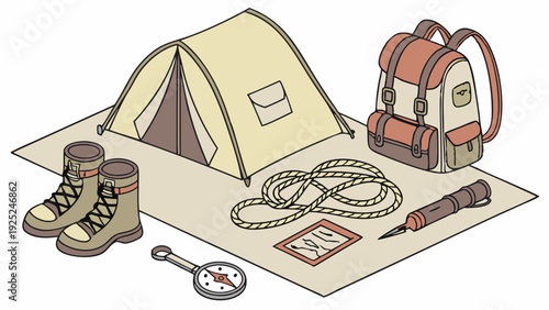 Camping Gear and Hiking Equipment Lay Flat for Outdoor Adventure Travel Planning and Wilderness Exploration